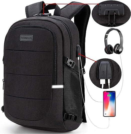 A Mochila antirrobo, Mochila Impermeable,DOXUNGOO Mochila para portátil Hombre Mujer Mochila Aire Libre paracon bloqueo y con USB Puerto y puerto audífonos para Laptop hasta 15.6 pulgadas (negro).