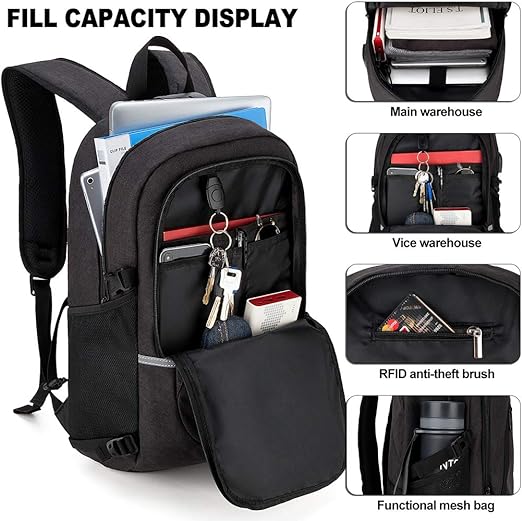 A Mochila antirrobo, Mochila Impermeable,DOXUNGOO Mochila para portátil Hombre Mujer Mochila Aire Libre paracon bloqueo y con USB Puerto y puerto audífonos para Laptop hasta 15.6 pulgadas (negro).