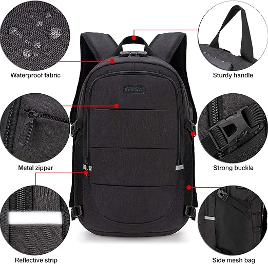 A Mochila antirrobo, Mochila Impermeable,DOXUNGOO Mochila para portátil Hombre Mujer Mochila Aire Libre paracon bloqueo y con USB Puerto y puerto audífonos para Laptop hasta 15.6 pulgadas (negro).