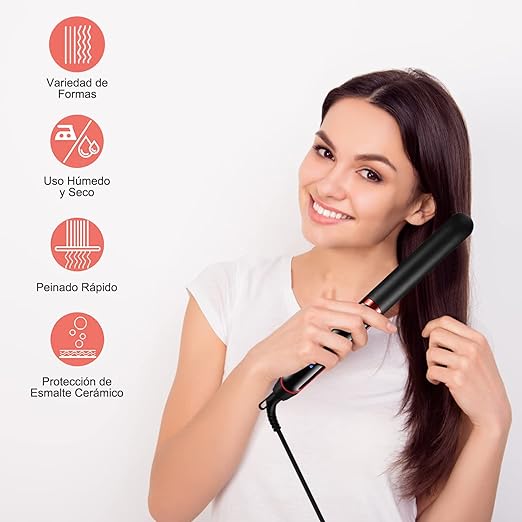 A Plancha de Cabello Cerâmica| 2 En 1 Plancha de Pelo de Profesional | Rizador y Alisador con Pantalla LED | 4 Temperatura Ajustable | con 1 Guante | Alisador de Pelo para Casa y Salón | Hair Straightener | Herramientas de Cabello para Mujeres | Negro.