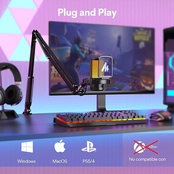 MAONO Micrófono USB para Gamer, micrófono Condensador con cancelación de Ruido, Silencio, Ganancia, monitoreo, Brazo para Streaming, Podcast, Youtube, PC, computadora, DGM20S (Negro).
