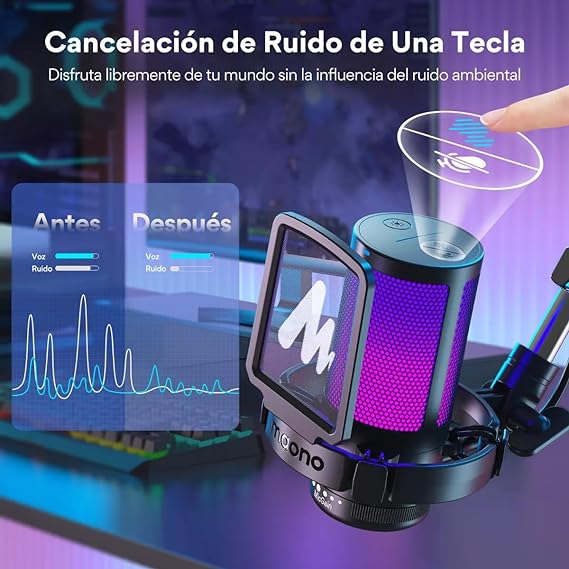MAONO Micrófono USB para Gamer, micrófono Condensador con cancelación de Ruido, Silencio, Ganancia, monitoreo, Brazo para Streaming, Podcast, Youtube, PC, computadora, DGM20S (Negro).