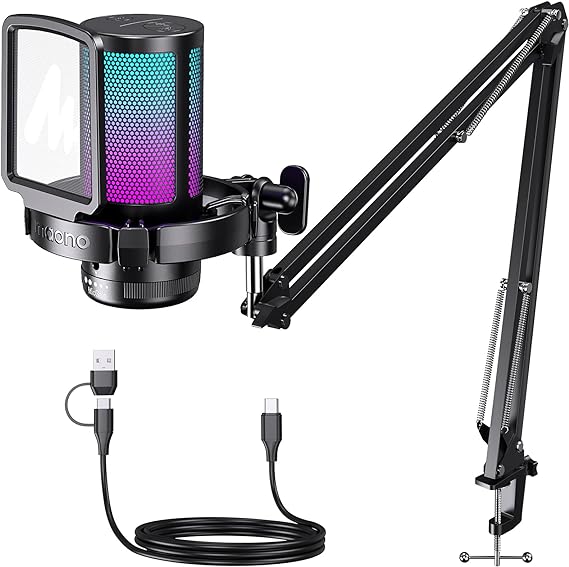 MAONO Micrófono USB para Gamer, micrófono Condensador con cancelación de Ruido, Silencio, Ganancia, monitoreo, Brazo para Streaming, Podcast, Youtube, PC, computadora, DGM20S (Negro).