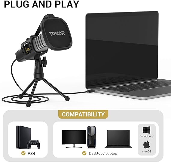 Micrófono USB, TONOR condensador cardioide para computadora con soporte de trípode, filtro pop, soporte de choque para juegos, transmisión, podcasting, YouTube, voz en off, Twitch, compatible con computadora de escritorio portátil, TC30.