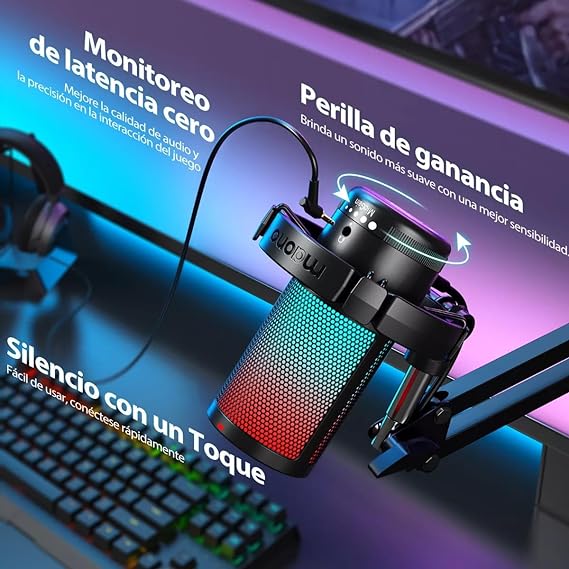 MAONO Micrófono USB para Gamer, micrófono Condensador con cancelación de Ruido, Silencio, Ganancia, monitoreo, Brazo para Streaming, Podcast, Youtube, PC, computadora, DGM20S (Negro).