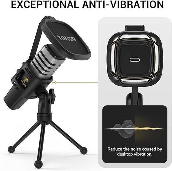 Micrófono USB, TONOR condensador cardioide para computadora con soporte de trípode, filtro pop, soporte de choque para juegos, transmisión, podcasting, YouTube, voz en off, Twitch, compatible con computadora de escritorio portátil, TC30.