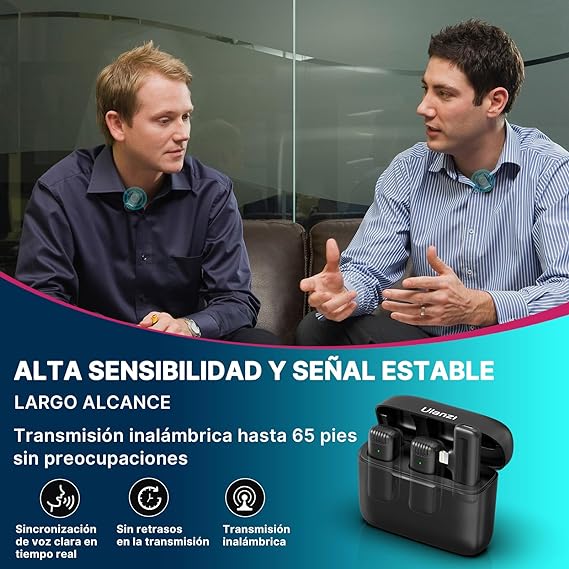 ULANZI J12 Micrófono inalámbrico de Solapa para iPhone iPad, 2-en-1 Plug-Play Mic con Estuche de Carga para el teléfono de grabación de vídeo Entrevista Youtubers Vloggers, 65ft Rango de transmisión.