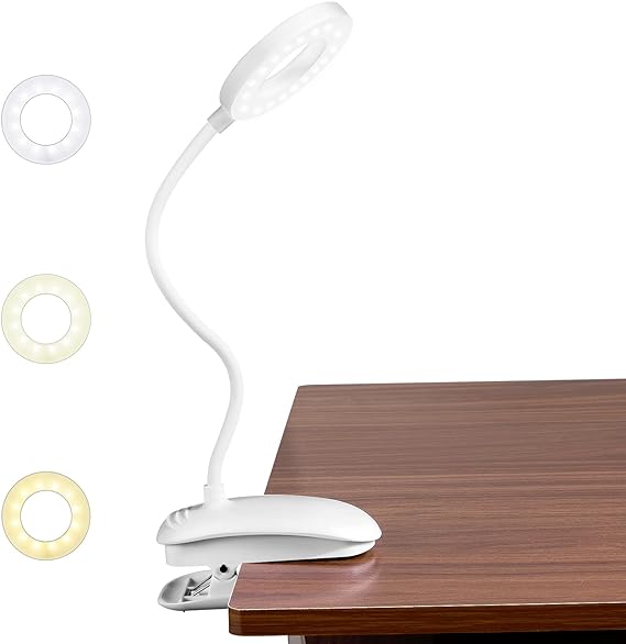 Lámpara de escritorio LED, MTQ Lámparas Clip con 18 LED, Iluminación para Lectura con 2 Modos de USB/Carga, 3 Modos de Luz flexible y Blanco, Clip Ajustable de 360°, Sensible al Tacto de Control.