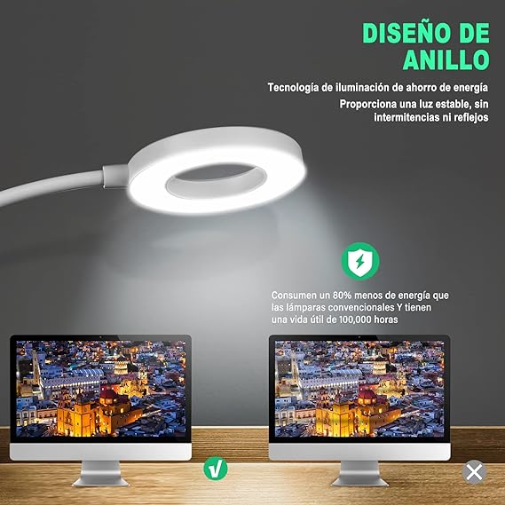 Lámpara de escritorio LED, MTQ Lámparas Clip con 18 LED, Iluminación para Lectura con 2 Modos de USB/Carga, 3 Modos de Luz flexible y Blanco, Clip Ajustable de 360°, Sensible al Tacto de Control.