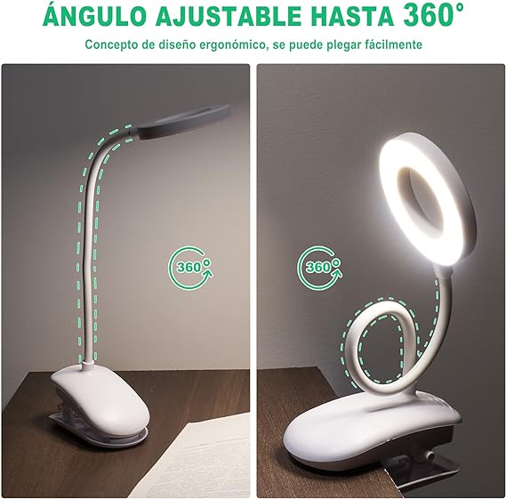 Lámpara de escritorio LED, MTQ Lámparas Clip con 18 LED, Iluminación para Lectura con 2 Modos de USB/Carga, 3 Modos de Luz flexible y Blanco, Clip Ajustable de 360°, Sensible al Tacto de Control.