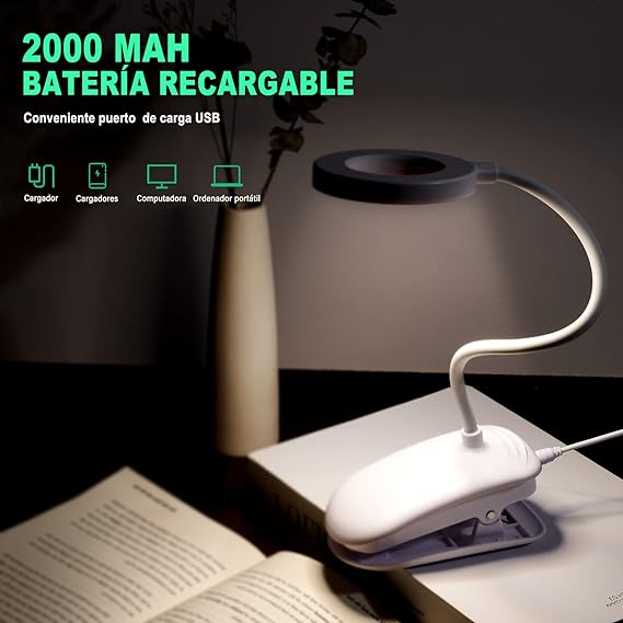 Lámpara de escritorio LED, MTQ Lámparas Clip con 18 LED, Iluminación para Lectura con 2 Modos de USB/Carga, 3 Modos de Luz flexible y Blanco, Clip Ajustable de 360°, Sensible al Tacto de Control.