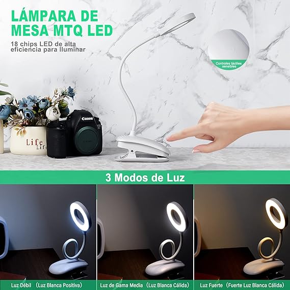 Lámpara de escritorio LED, MTQ Lámparas Clip con 18 LED, Iluminación para Lectura con 2 Modos de USB/Carga, 3 Modos de Luz flexible y Blanco, Clip Ajustable de 360°, Sensible al Tacto de Control.