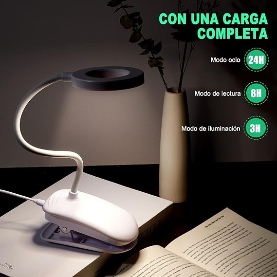 Lámpara de escritorio LED, MTQ Lámparas Clip con 18 LED, Iluminación para Lectura con 2 Modos de USB/Carga, 3 Modos de Luz flexible y Blanco, Clip Ajustable de 360°, Sensible al Tacto de Control.