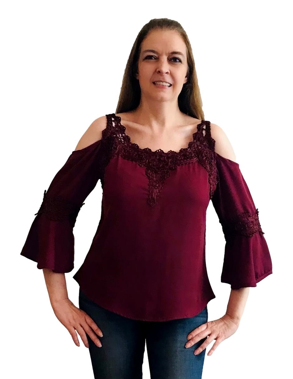 Blusa para mujer dama casual manga 3/4 con aplicaciones de encaje D´Noel.