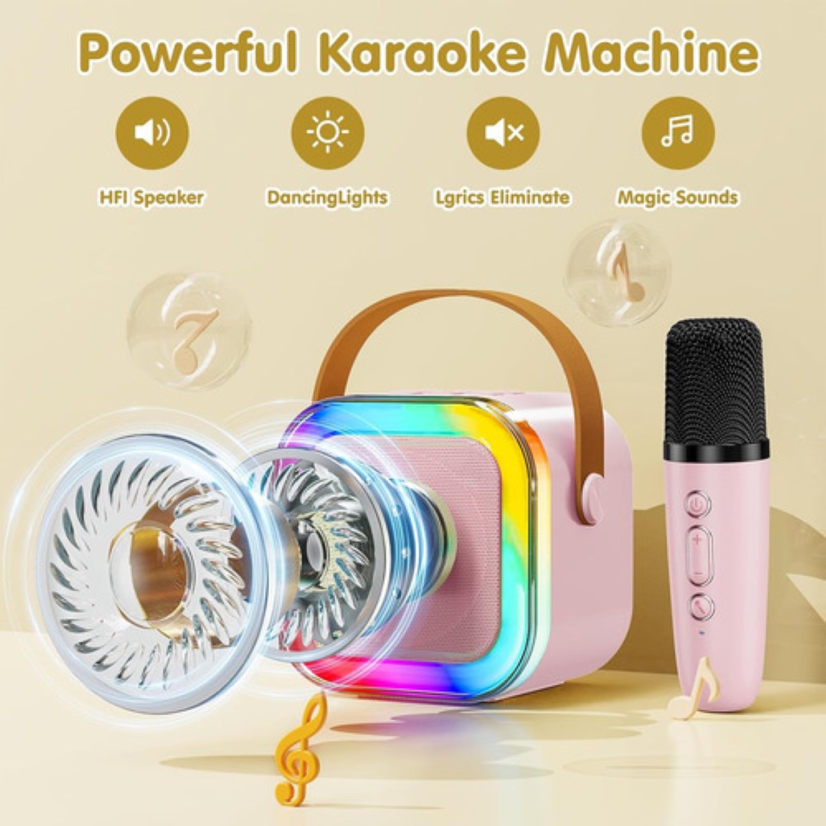 Altavoz Bluetooth Portátil Máquina Karaoke Con 2 Micrófonos Rosa.