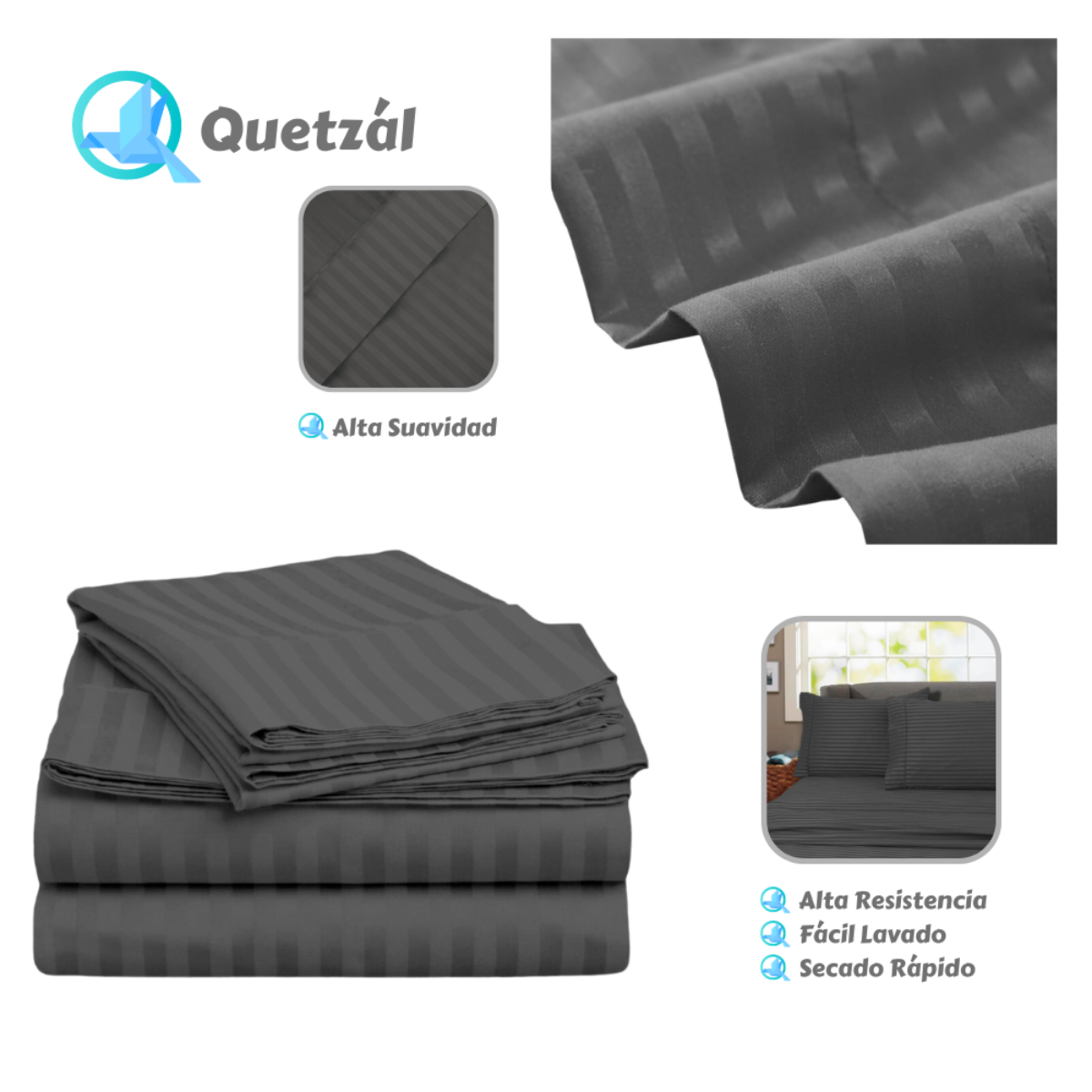 Juego de Sábanas de Microfibra Suave Quetzal -Satinado -Matrimonial -Gris Oxford.