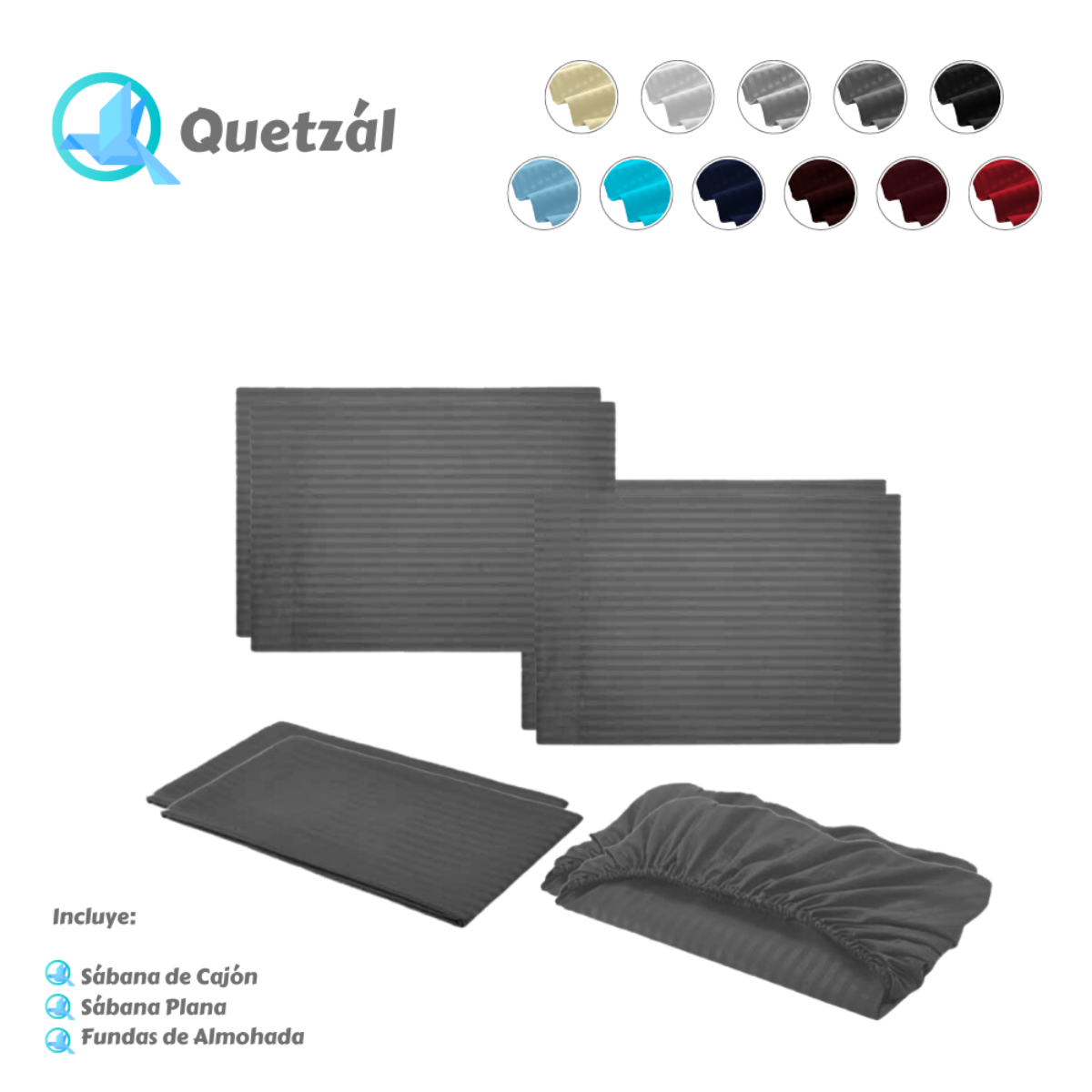 Juego de Sábanas de Microfibra Suave Quetzal -Satinado -Matrimonial -Gris Oxford.