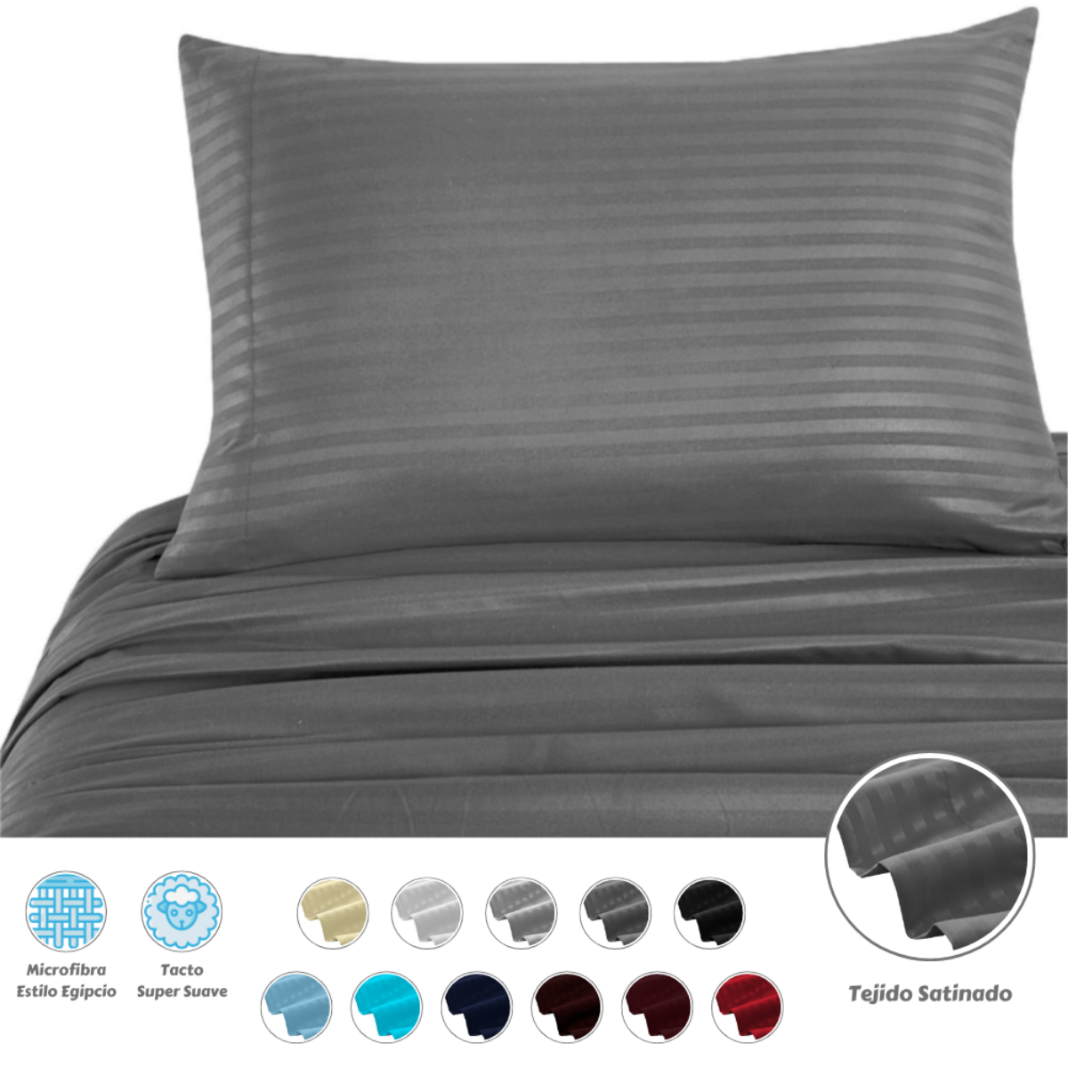 Juego de Sábanas de Microfibra Suave Quetzal -Satinado -Matrimonial -Gris Oxford.