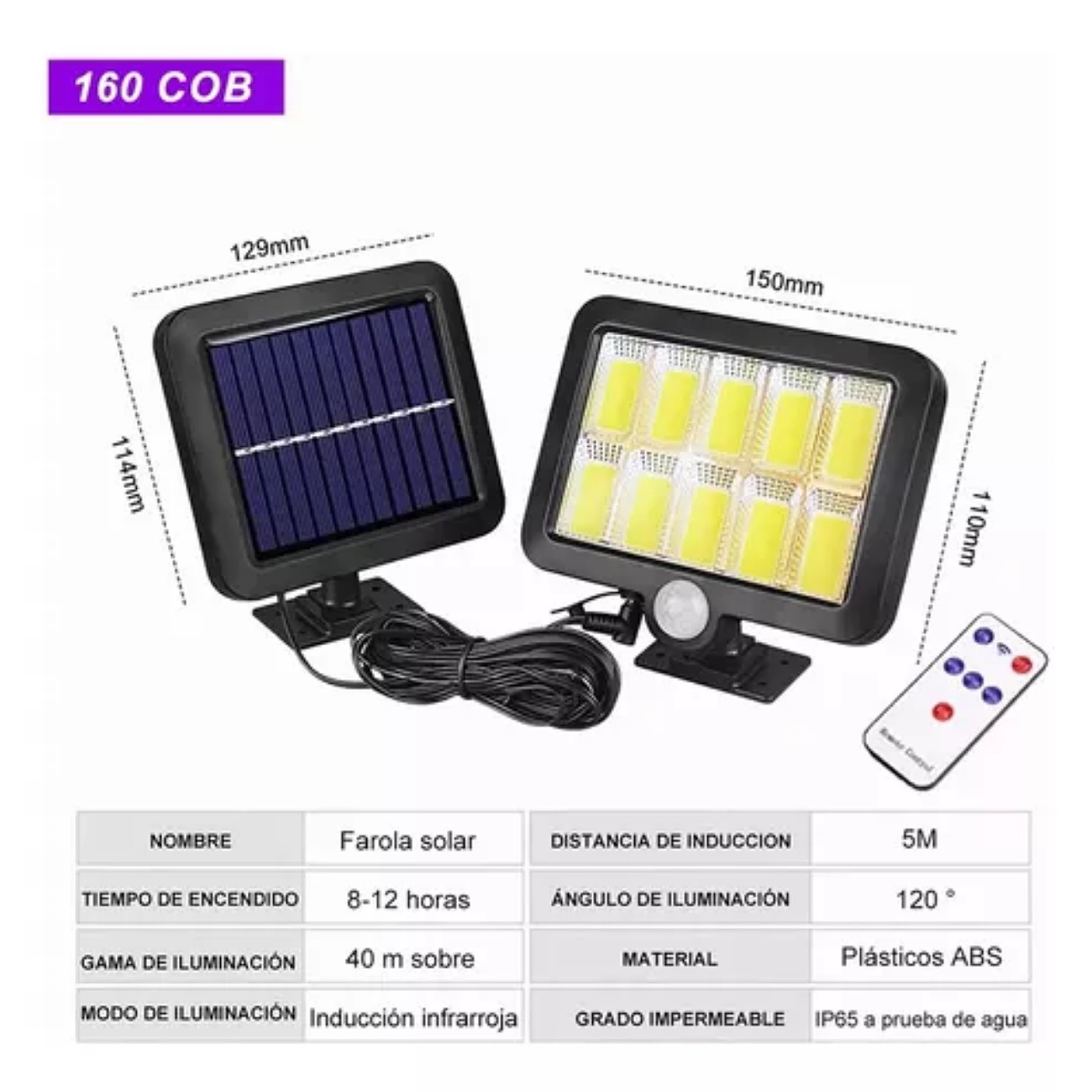 Lámpara Solar Exterior Luz Impermeable 160 led 3 Modos+remoto
