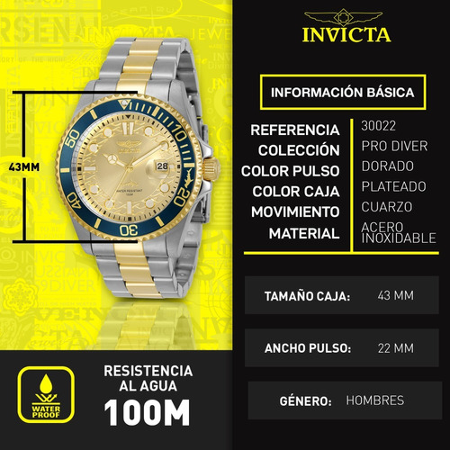 Reloj Invicta 30022 Acero Dorado Hombres Color de la correa Acero/Oro Color del bisel Azul oscuro