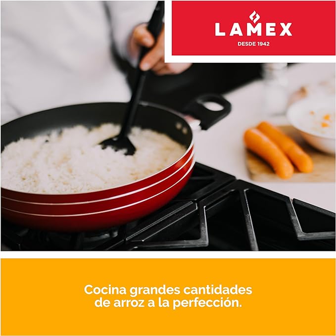 LAMEX | Arrocera Antiadherente | Bateria de Cocina - Utensillos de Cocina & Hogar | Ideal para Preparar Arroz - Para tu Cocina Integral - Rice Cooker | Capacidad de 5.25 litros - 34 cm - Roja.