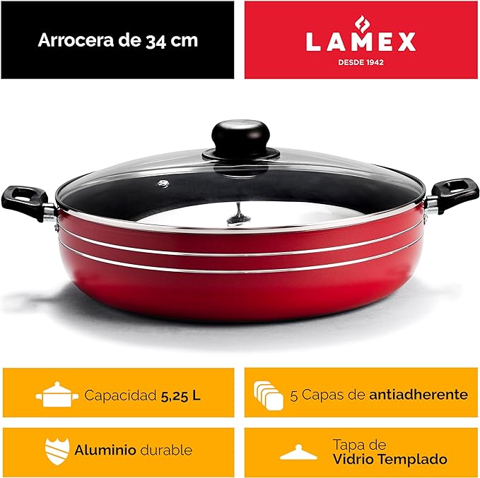 LAMEX | Arrocera Antiadherente | Bateria de Cocina - Utensillos de Cocina & Hogar | Ideal para Preparar Arroz - Para tu Cocina Integral - Rice Cooker | Capacidad de 5.25 litros - 34 cm - Roja.