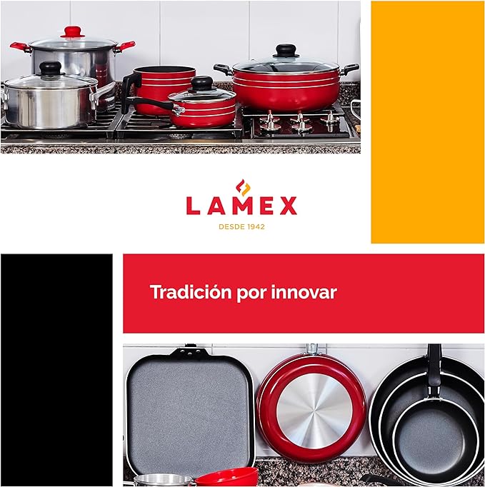 LAMEX | Arrocera Antiadherente | Bateria de Cocina - Utensillos de Cocina & Hogar | Ideal para Preparar Arroz - Para tu Cocina Integral - Rice Cooker | Capacidad de 5.25 litros - 34 cm - Roja.
