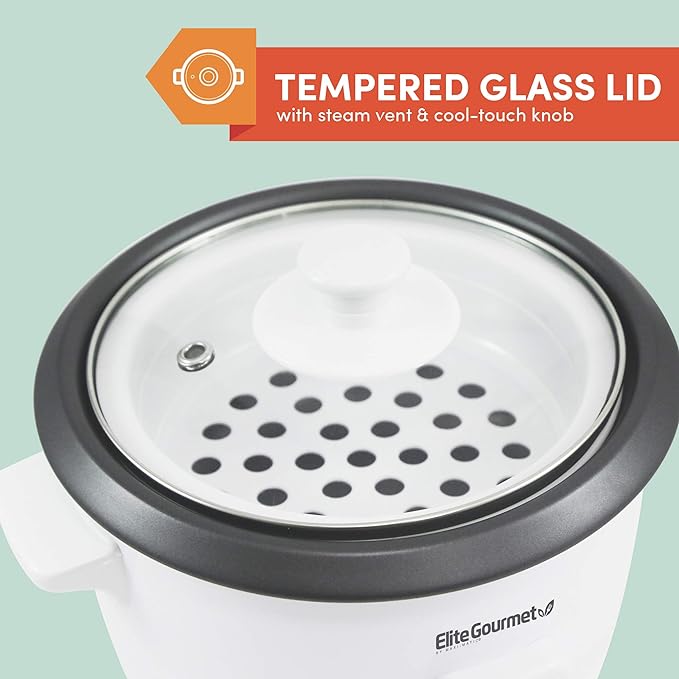 Elite Gourmet ERC-006NST Maxi-Matic - Arrocera eléctrica con olla interior antiadherente que hace sopas, guisos, frijoles, cereales, función de mantener caliente, 6 tazas cocinadas (3 tazas sin cocinar), color blanco.