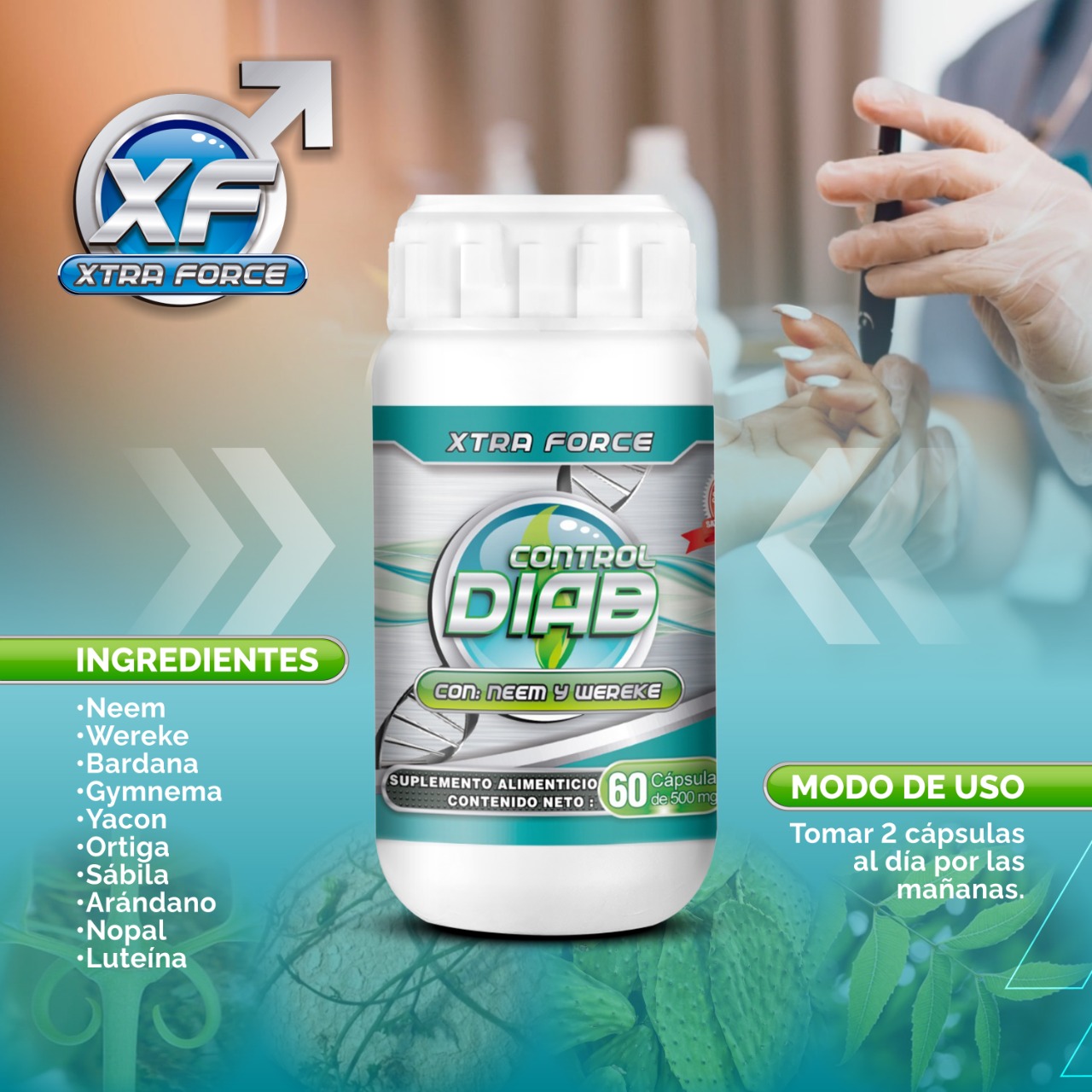Control Diab es un Suplemento y Antioxidante, que contiene Ingredientes Naturales, ayuda a Refuerzo Cardiovascular y Diabetes sin problemas, Multivitaminico hombre 60 Cápsulas.