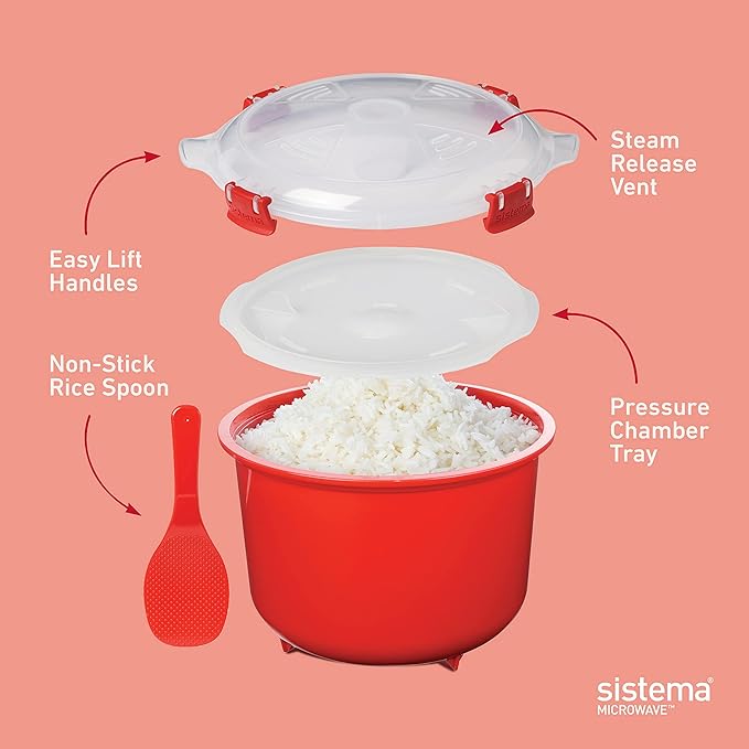 Sistema Arrocera para microondas y vaporizador para Verduras con ventilación de liberación de Vapor, Apto para lavaplatos, Rojo.