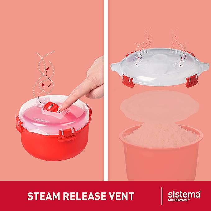 Sistema Arrocera para microondas y vaporizador para Verduras con ventilación de liberación de Vapor, Apto para lavaplatos, Rojo.