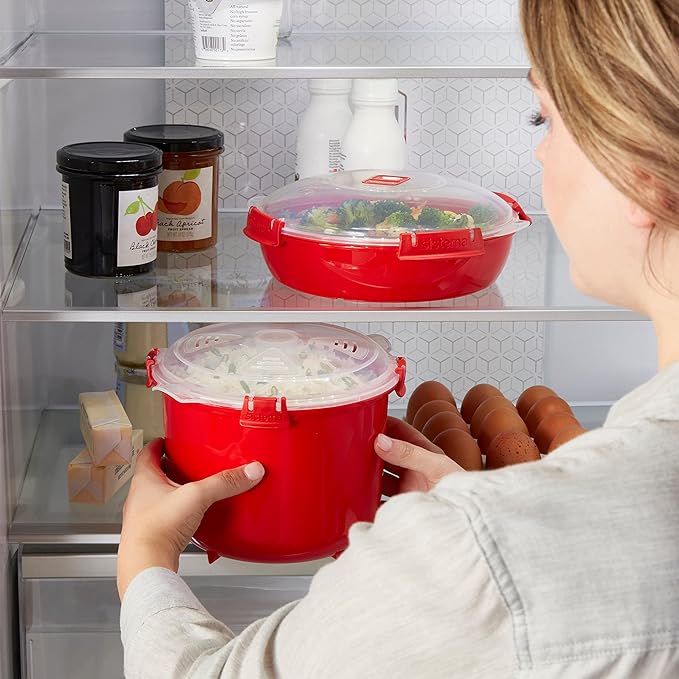 Sistema Arrocera para microondas y vaporizador para Verduras con ventilación de liberación de Vapor, Apto para lavaplatos, Rojo.