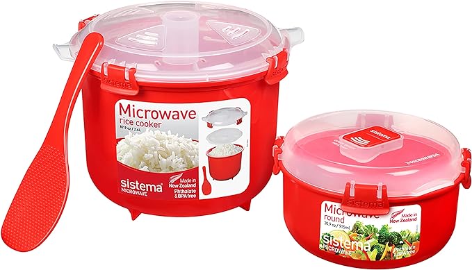 Sistema Arrocera para microondas y vaporizador para Verduras con ventilación de liberación de Vapor, Apto para lavaplatos, Rojo.