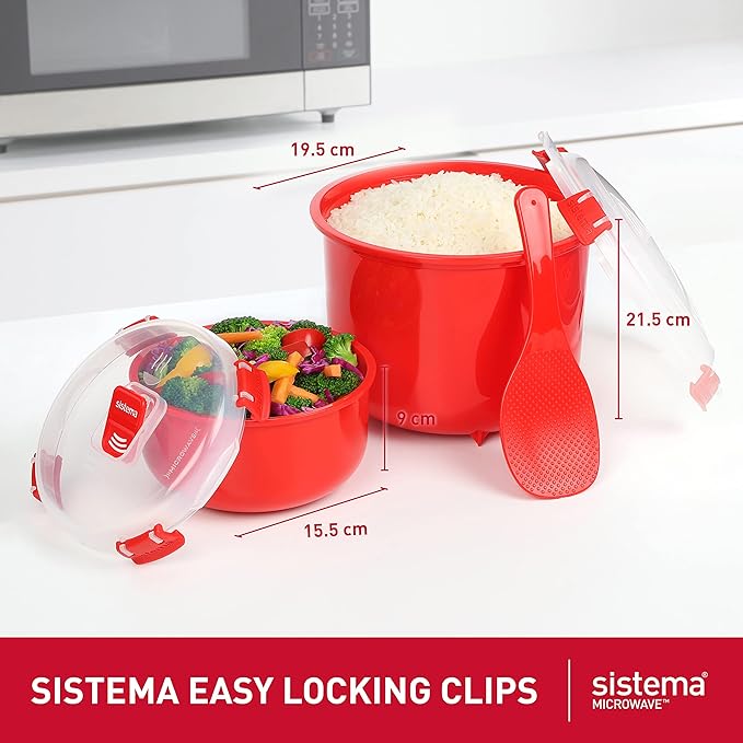 Sistema Arrocera para microondas y vaporizador para Verduras con ventilación de liberación de Vapor, Apto para lavaplatos, Rojo.