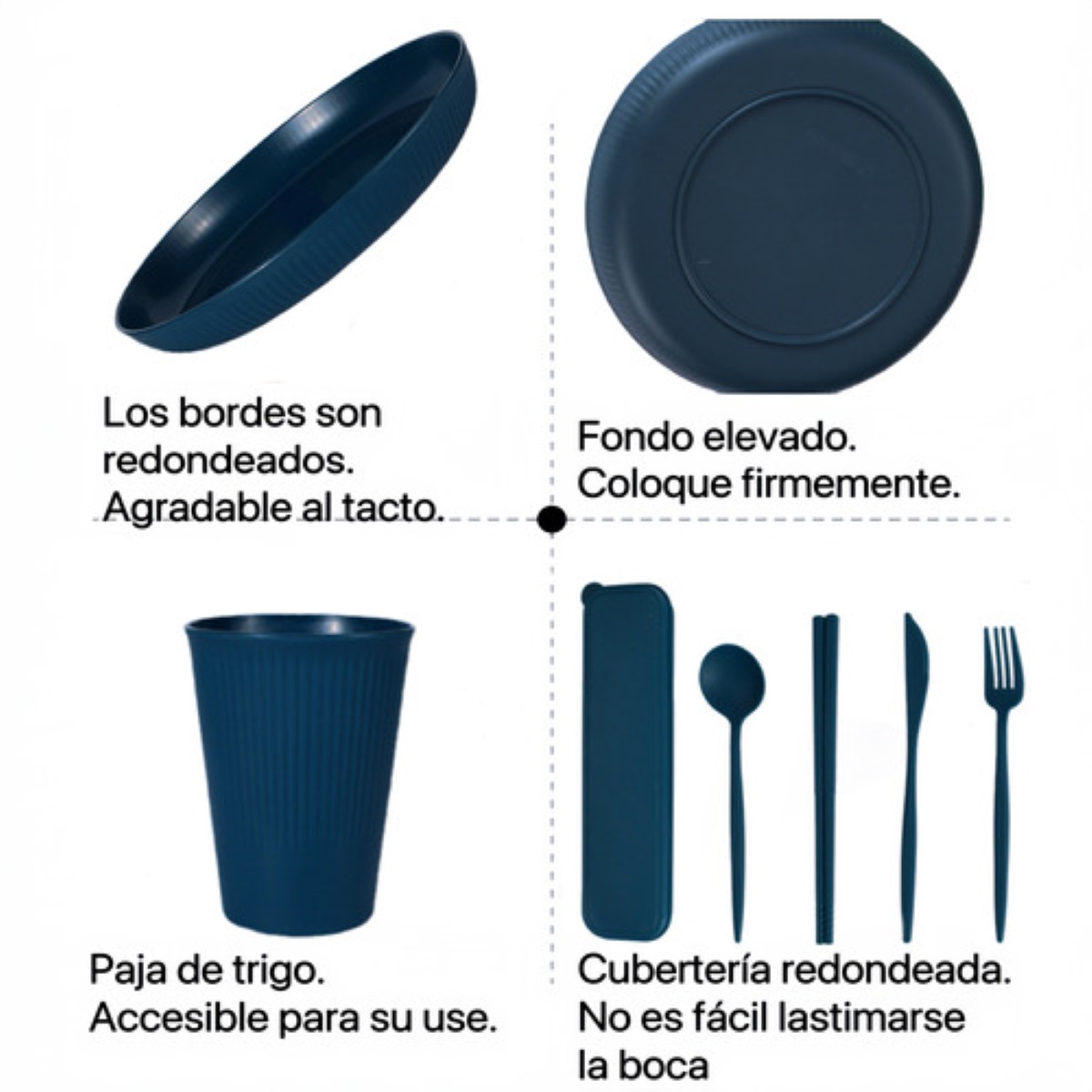 "Vajilla De 36pzs Juego Cocina Paja Trigo Ecológico  Azul "