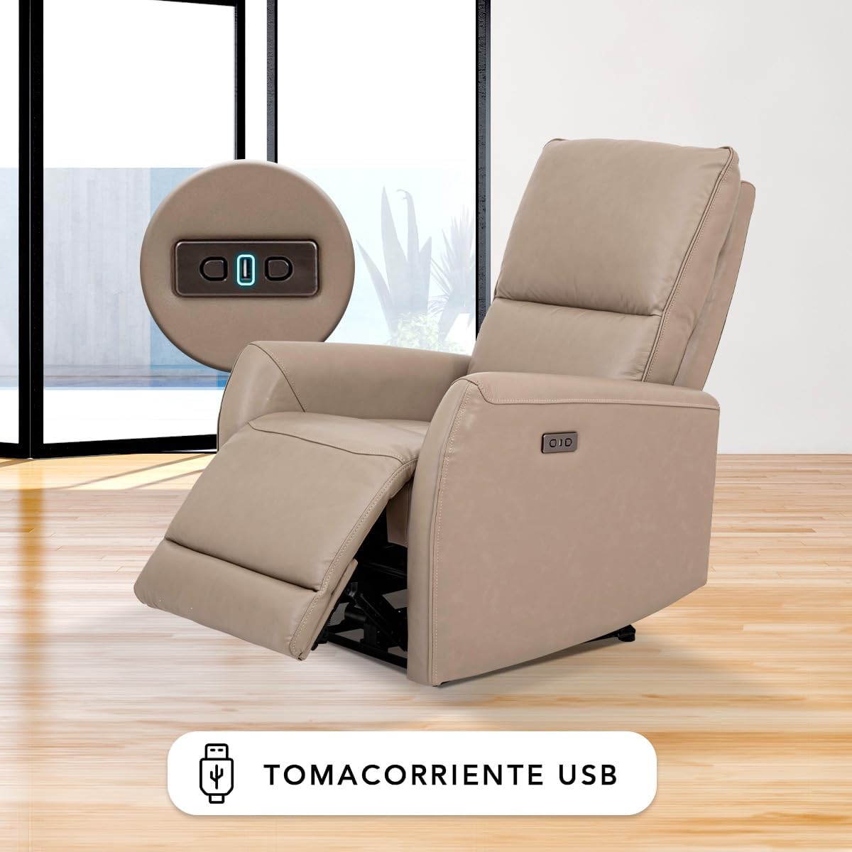 Sillón Reclinable Eléctrico Modelo Jermell de Piel color Beige.