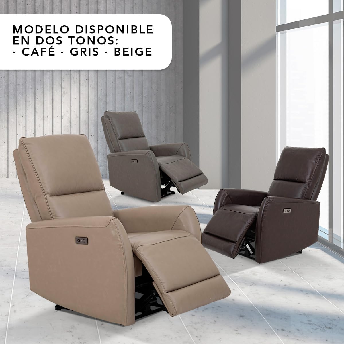 Sillón Reclinable Eléctrico Modelo Jermell de Piel color Beige.