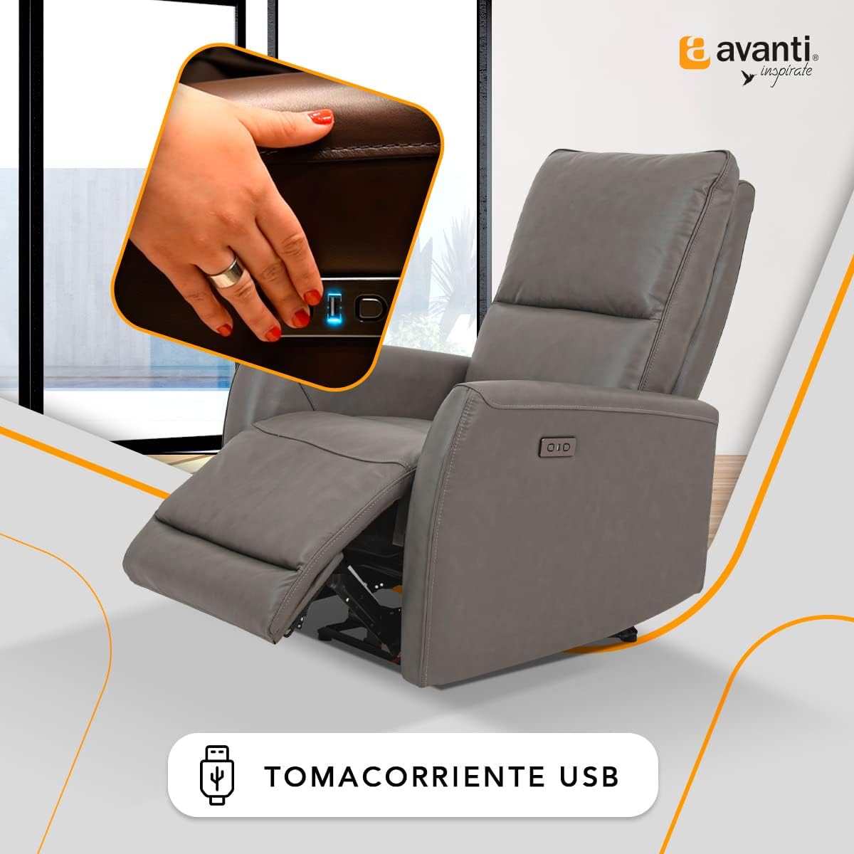 Sillón Reclinable Eléctrico Modelo Jermell de Piel color Gris.