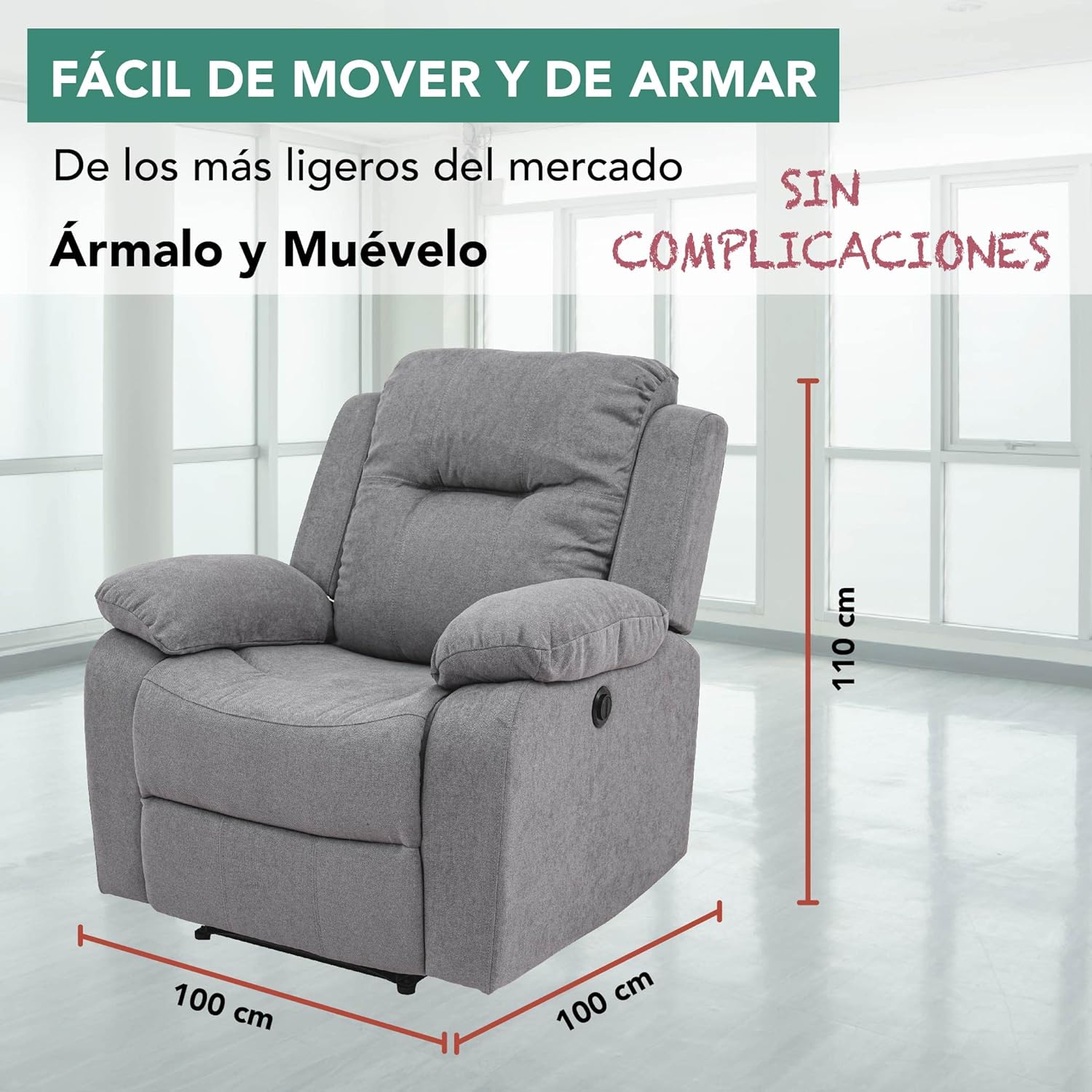 Sillón Reclinable Cloe Eléctrico de Tela color Gris.