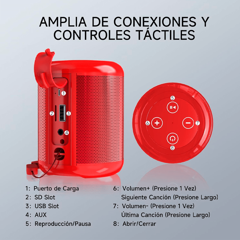 Bocina Portátil Bluetooth 1 Hora Calidad De Sonido Mini Corneta 7 Horas de Duración Color Rojo.