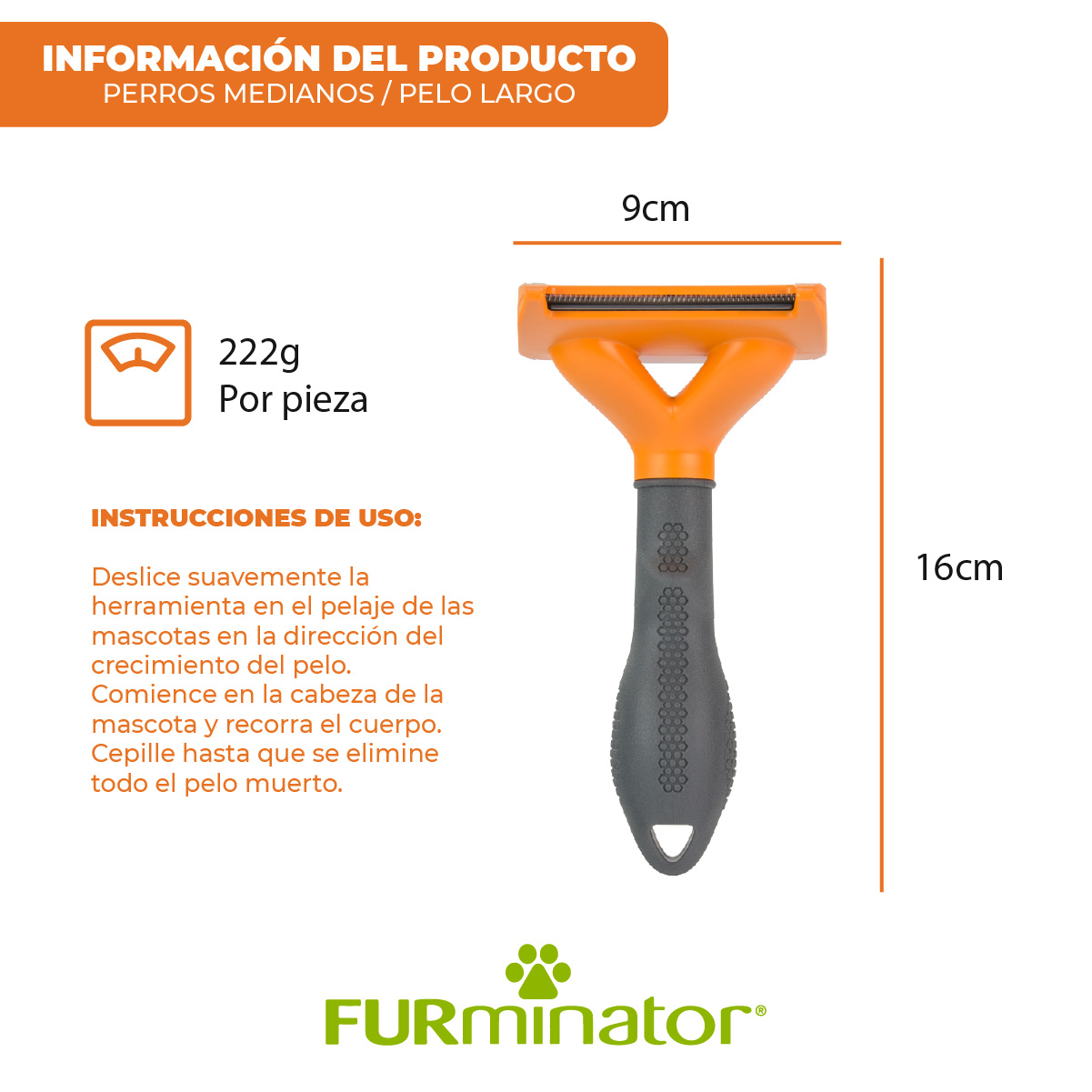 Cepillo Deslanador Furminator para Perro Mediano de Pelo Largo, Naranja.