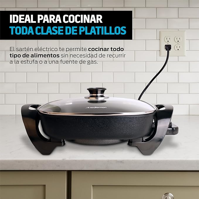 Redlemon Sartén Eléctrico Antiadherente de 4.5 Litros con Tapa de Vidrio Templado y Regulador Ajustable de Hasta 5 Temperaturas, Sartén con Parrilla Eléctrica Ideal para Cocinar Todo Tipo de Platillos.