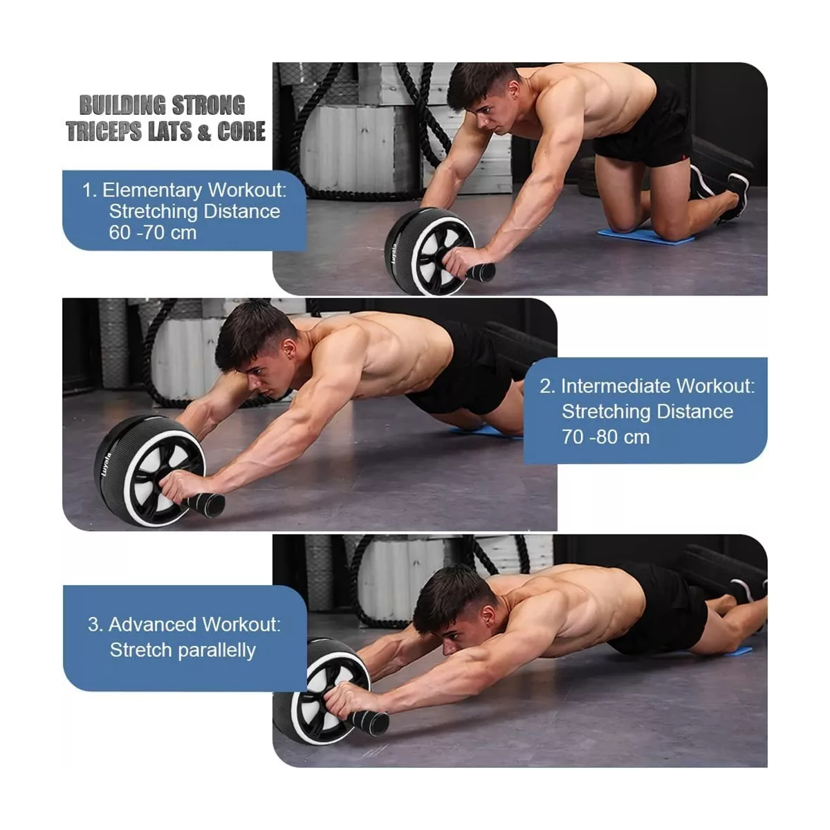 Kit Rodillo Rueda Abdominal Barras Push-up Cuerda Ejercitado Negro