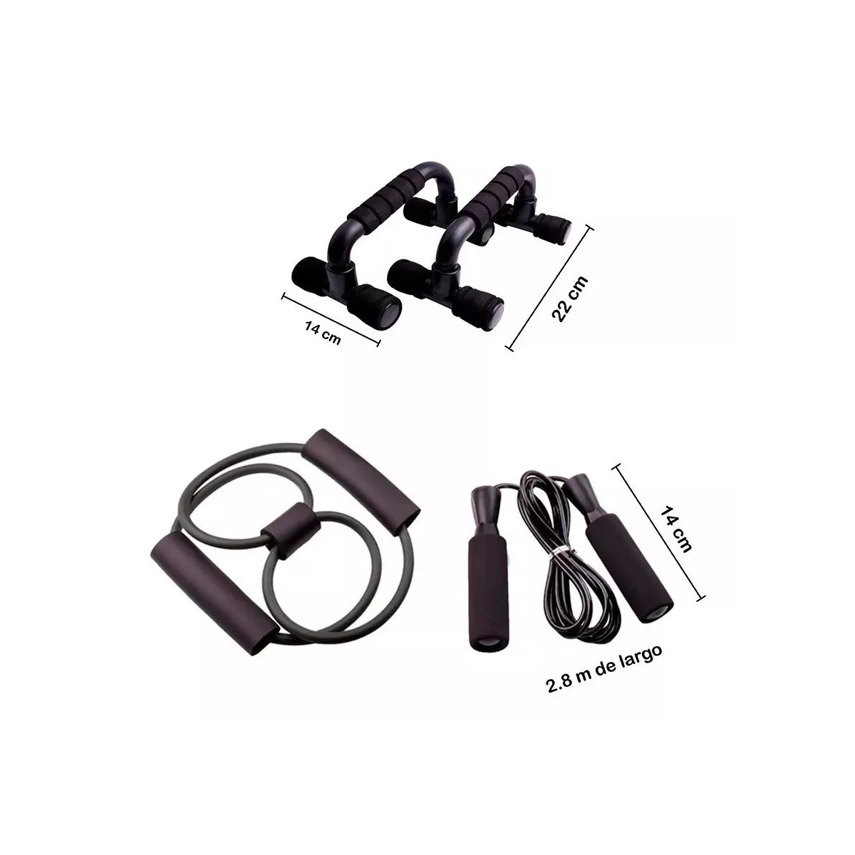 Kit Rodillo Rueda Abdominal Barras Push-up Cuerda Ejercitado Negro