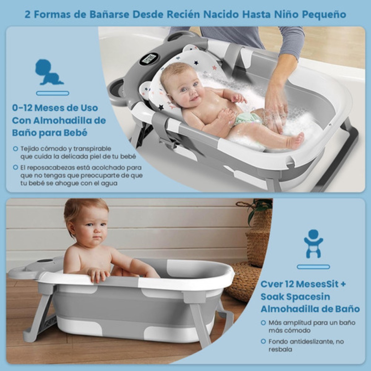 Bañera Bebés Plegable Tina De Baño Con Cojín Gris