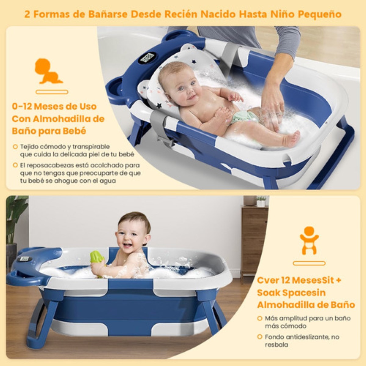 Bañera Bebés Plegable Tina De Baño Con Cojín Azul