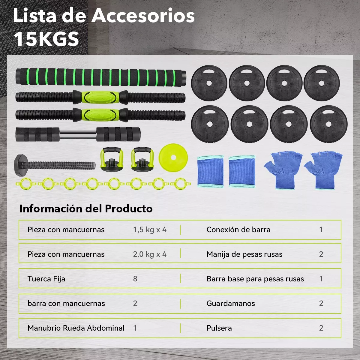 Kit Mancuerna Pesas Barra Ejercicio 5 En 1  Ajustables 15 Kg