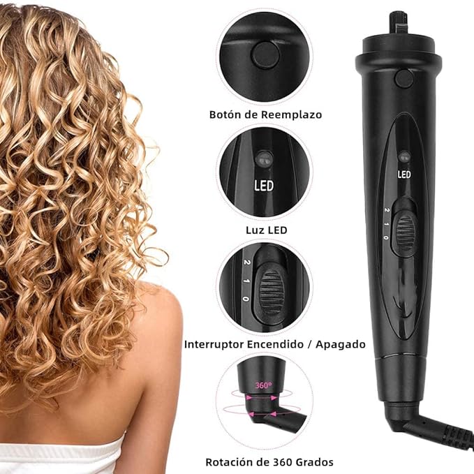 A Rizador de Cabello, 3 en 1 Pinzas Rizadoras con Guantes, Rizador de Pelo de Cerámica Ajustable con Peines y Clips Juego de varillas de rizador de pelo con LED de Temperatura Ajustable para Cabello Largo y Corto Herramientas de Peinado.