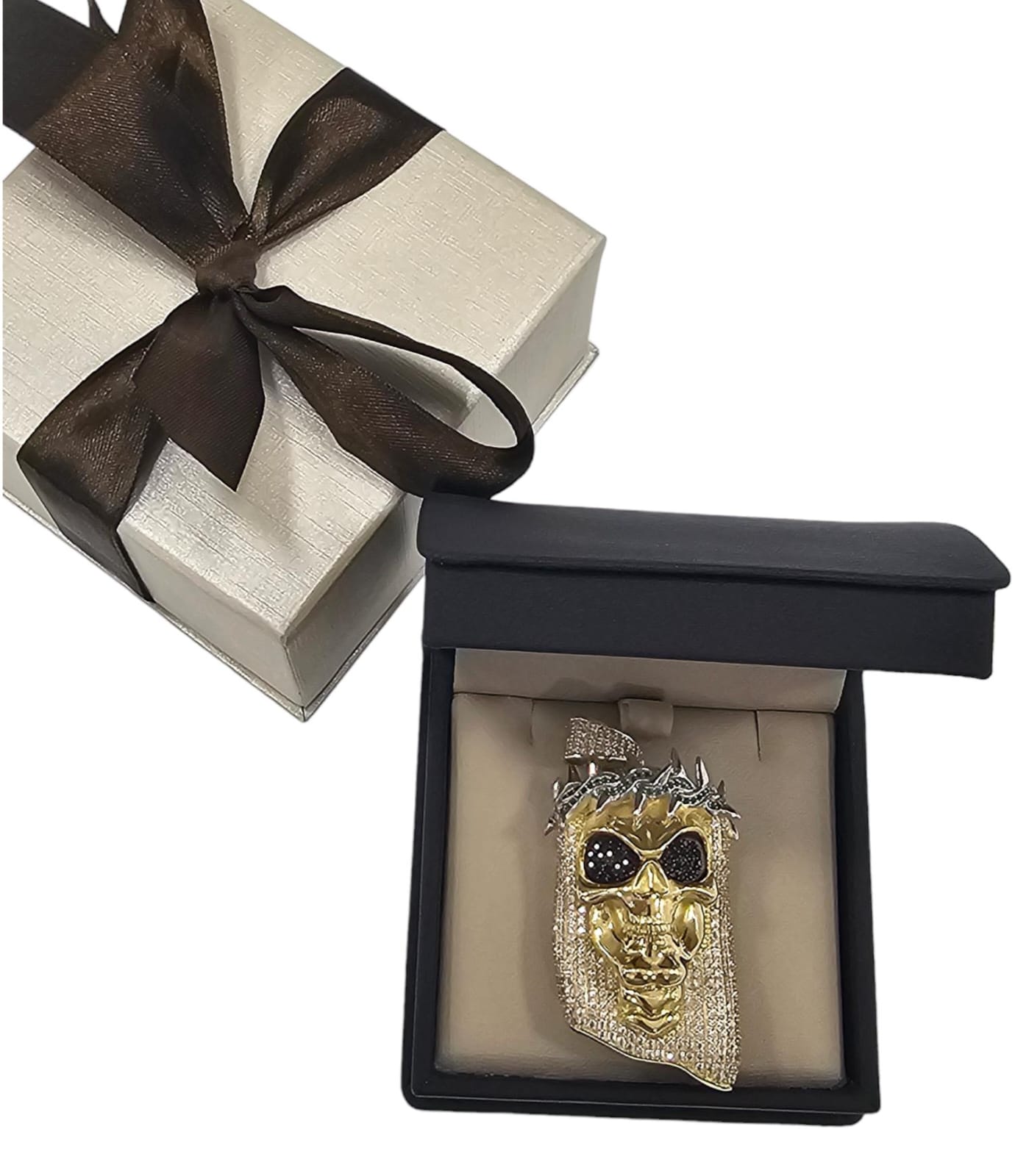Dije de Calavera con Corona o Rostro santa muerte Oro 10K.