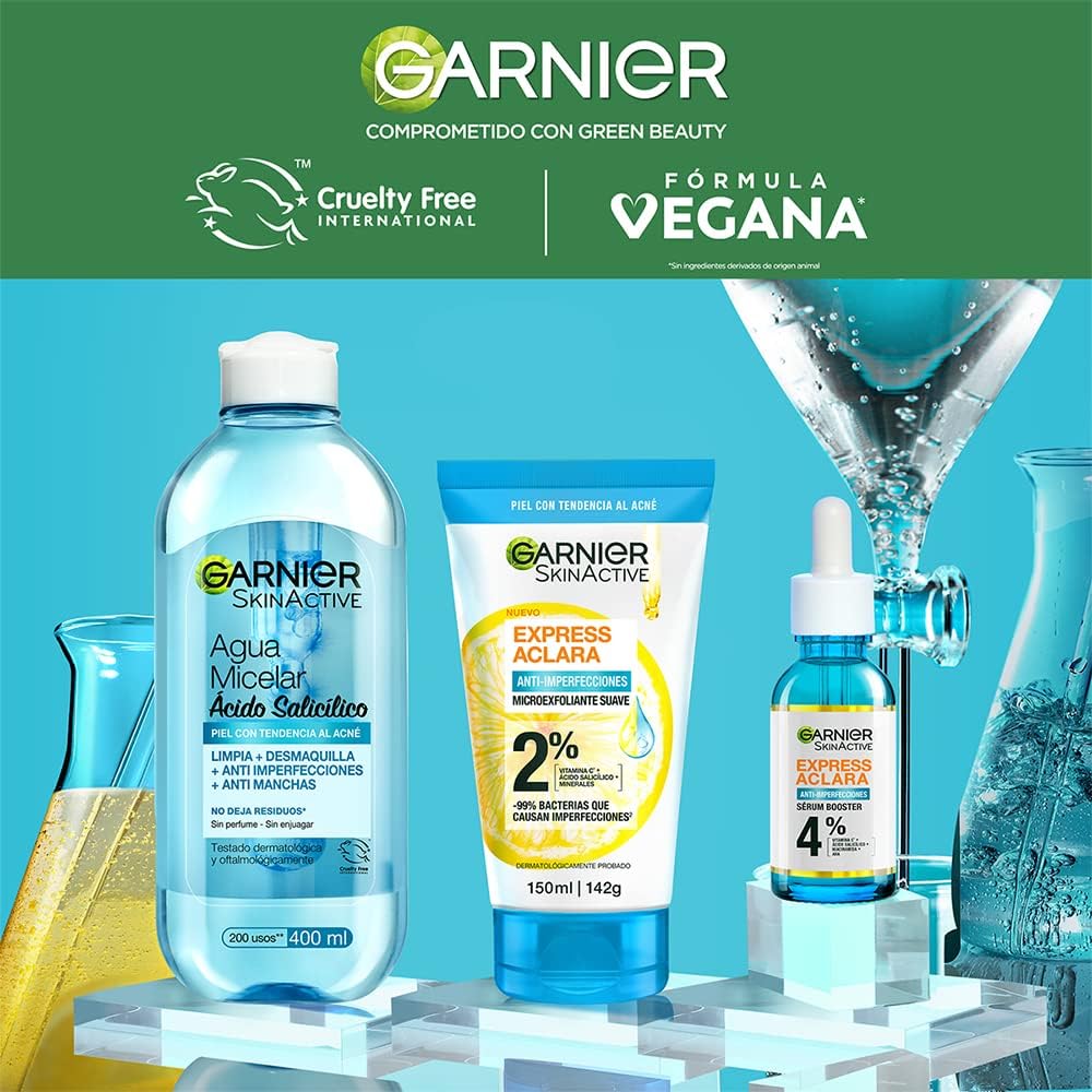 Kit Rutina Express Aclara Anti Acné con Ácido Salicílico, Vitamina C y AHA, Serum, Agua Micelar Skin Active, 3 Pzs